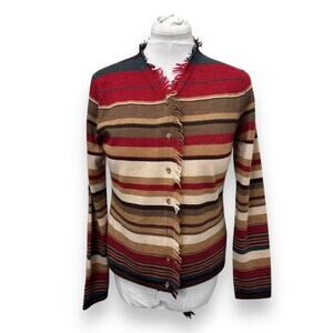 Jones New York Country Vintage Womens L Italian Merino Striped Cardigan Sweater